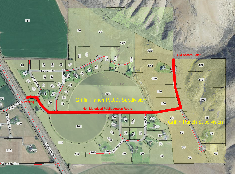Map of the Griffin Ranch subdivisions showing the P.U.D., the Bench on Sterling Drive, and the BLM access trail at the north end